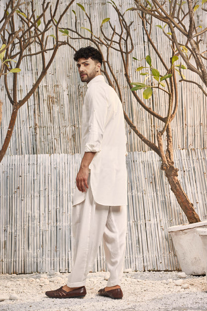 Cotton Pathani with Salwar - Set of 2 - Off-White at Kamakhyaa by Charkhee. This item is Cotton, Cotton Satin, Dobby Cotton, Festive Wear, Kurta Salwar Sets, Mens Co-ords, Menswear, Natural, Off-white, Regular Fit, Shores 23, Textured, Wedding Gifts