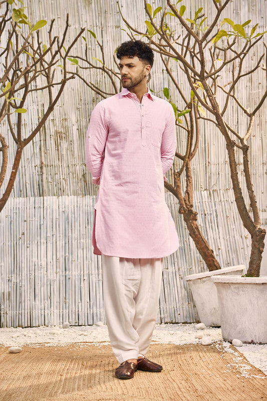 Cotton Pathani with Salwar - Set of 2 - Pink at Kamakhyaa by Charkhee. This item is Cotton, Cotton Satin, Dobby Cotton, Festive Wear, Kurta Salwar Sets, Mens Co-ords, Menswear, Natural, Pink, Regular Fit, Shores 23, Textured