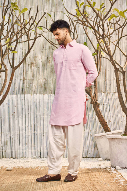 Cotton Pathani with Salwar - Set of 2 - Pink at Kamakhyaa by Charkhee. This item is Cotton, Cotton Satin, Dobby Cotton, Festive Wear, Kurta Salwar Sets, Mens Co-ords, Menswear, Natural, Pink, Regular Fit, Shores 23, Textured