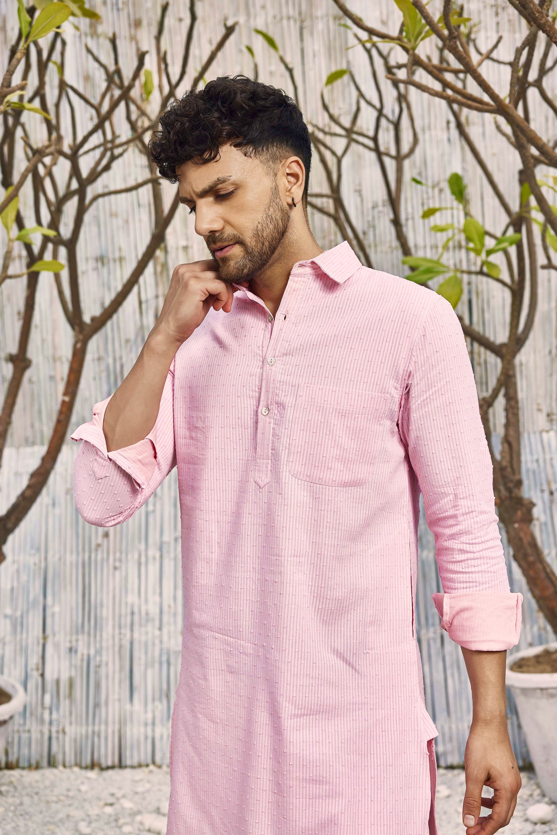 Cotton Pathani with Salwar - Set of 2 - Pink at Kamakhyaa by Charkhee. This item is Cotton, Cotton Satin, Dobby Cotton, Festive Wear, Kurta Salwar Sets, Mens Co-ords, Menswear, Natural, Pink, Regular Fit, Shores 23, Textured