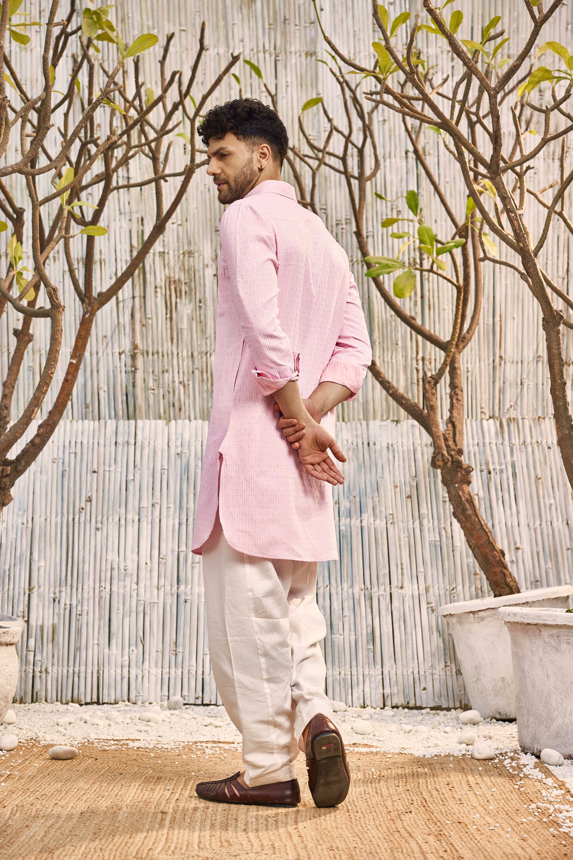 Cotton Pathani with Salwar - Set of 2 - Pink at Kamakhyaa by Charkhee. This item is Cotton, Cotton Satin, Dobby Cotton, Festive Wear, Kurta Salwar Sets, Mens Co-ords, Menswear, Natural, Pink, Regular Fit, Shores 23, Textured