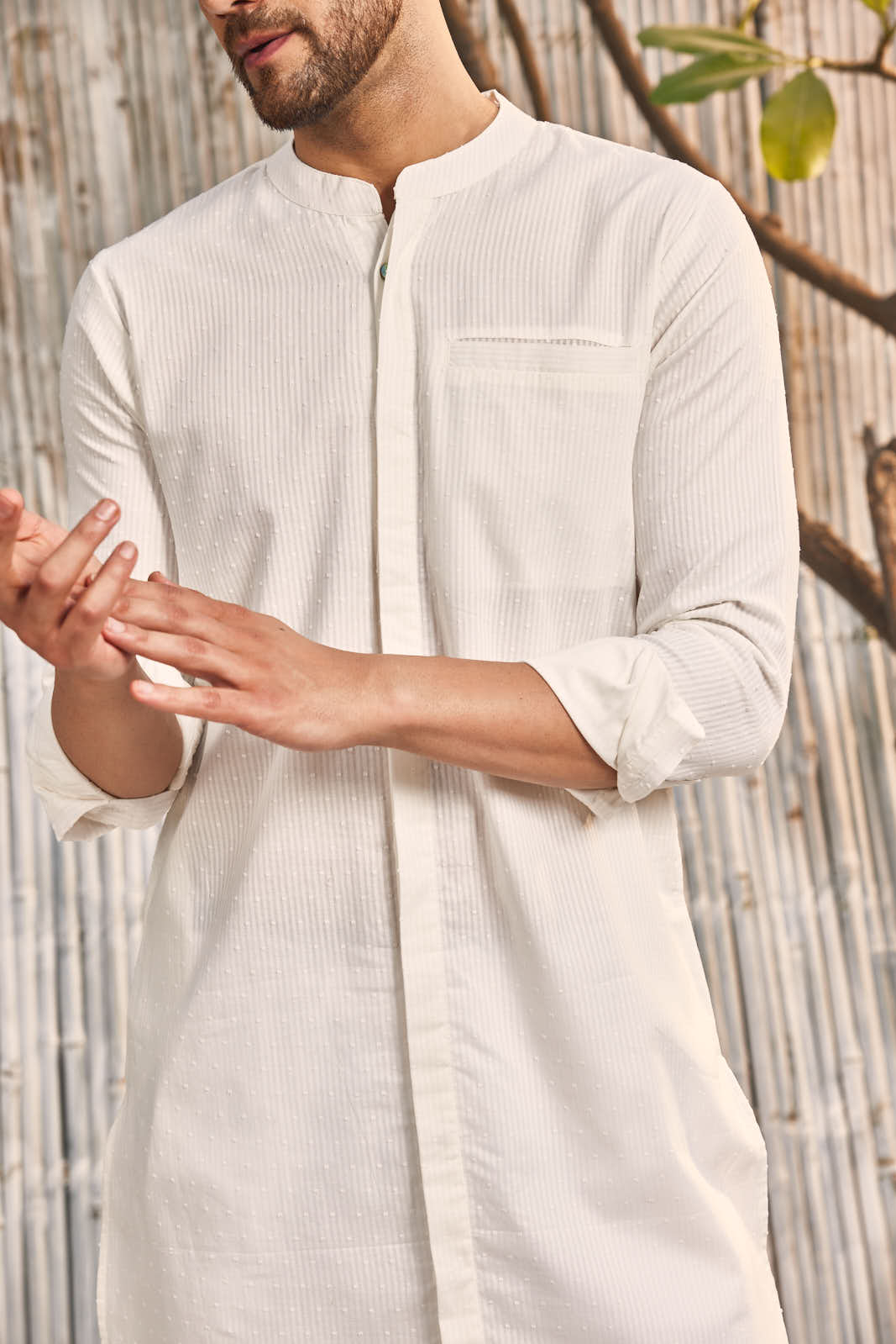 Cotton Placket Kurta - Off-white at Kamakhyaa by Charkhee. This item is Cotton, Dobby Cotton, Festive Wear, For Him, Kurtas, Menswear, Natural, Off-white, Regular Fit, Shores 23, Textured, Tops, Wedding Gifts