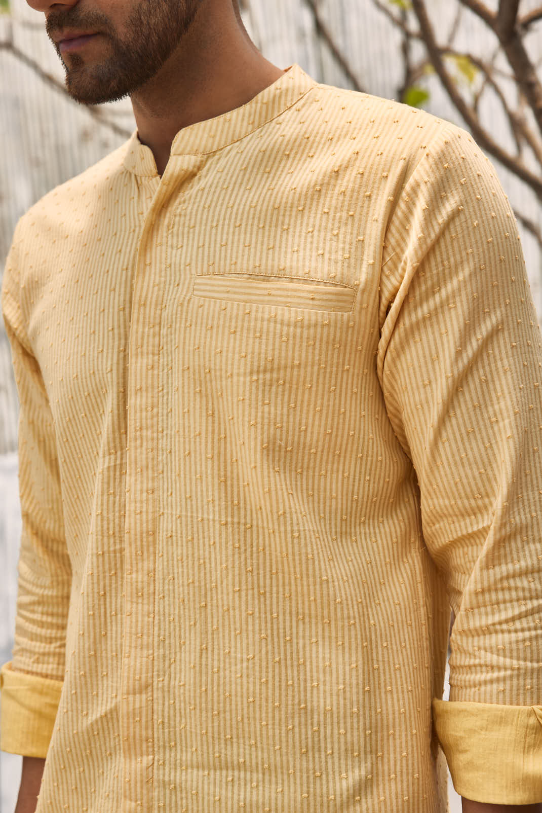 Cotton Placket Kurta - Yellow at Kamakhyaa by Charkhee. This item is Cotton, Dobby Cotton, Festive Wear, For Him, Kurtas, Menswear, Natural, Regular Fit, Shores 23, Textured, Tops, Wedding Gifts, Yellow