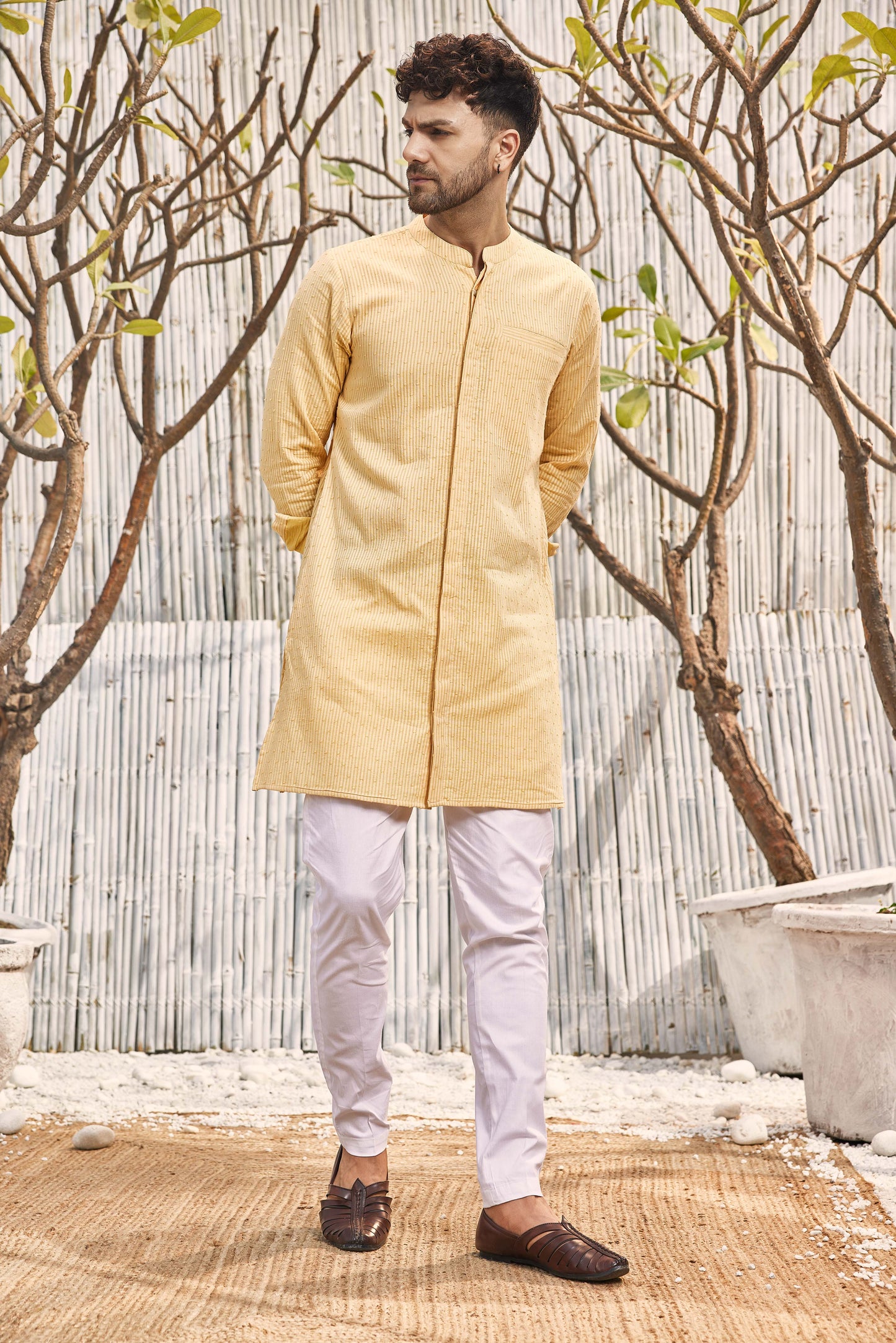 Cotton Placket Kurta with Pant - Set of 2 Yellow at Kamakhyaa by Charkhee. This item is Cotton, Dobby Cotton, Festive Wear, For Him, Kurta Pant Sets, Mens Co-ords, Menswear, Natural, Poplin, Regular Fit, Shores 23, Textured, Wedding Gifts, Yellow