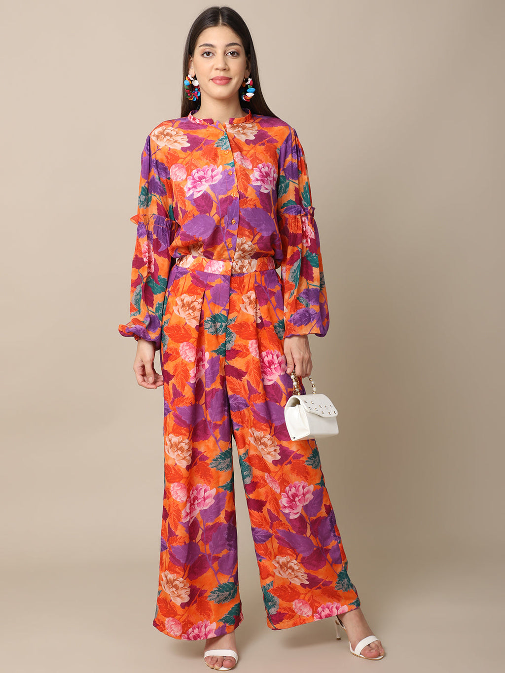 Crepe Orange Co-ord Set at Kamakhyaa by Ewoke. This item is Best Selling, Co-ord Sets, Crepe, Festive 23, Natural with azo free dyes, Orange, Prints, Regular Fit, Resort Wear, Travel Co-ords, Womenswear