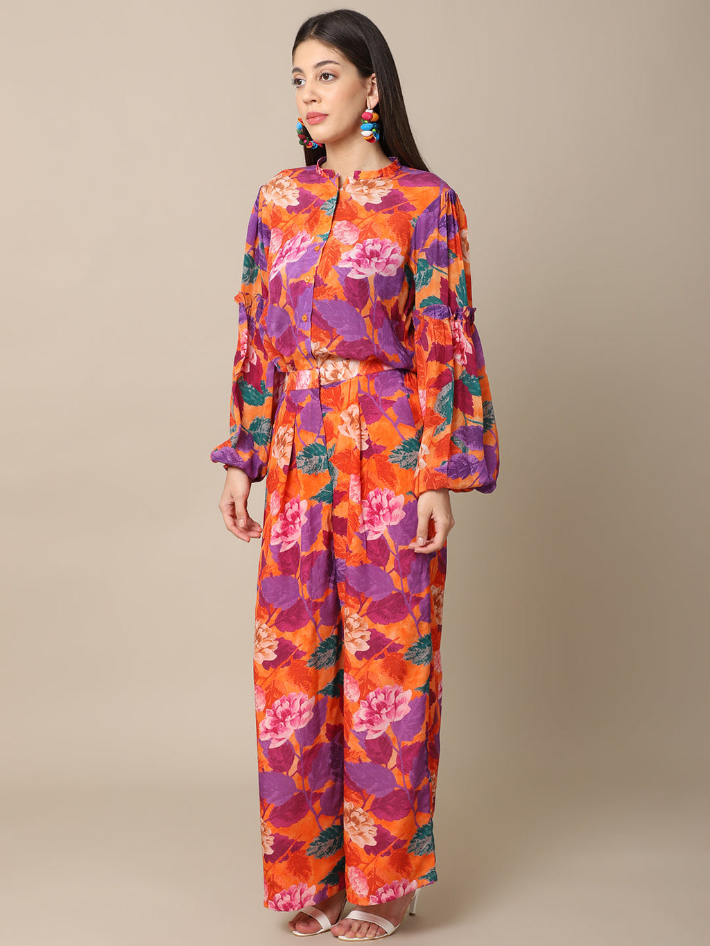 Crepe Orange Co-ord Set at Kamakhyaa by Ewoke. This item is Best Selling, Co-ord Sets, Crepe, Festive 23, Natural with azo free dyes, Orange, Prints, Regular Fit, Resort Wear, Travel Co-ords, Womenswear