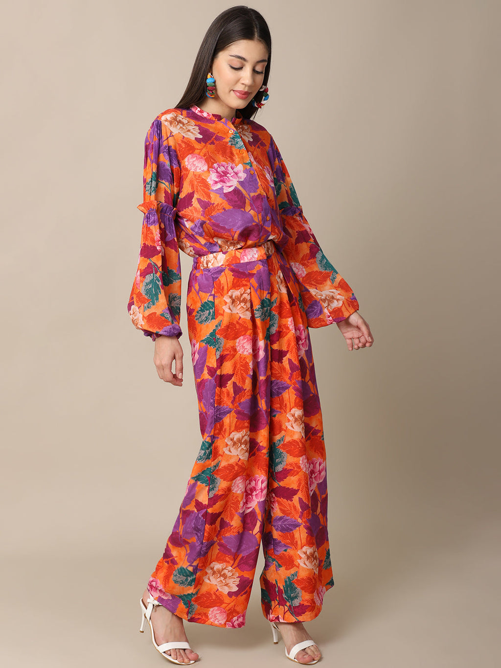 Crepe Orange Co-ord Set at Kamakhyaa by Ewoke. This item is Best Selling, Co-ord Sets, Crepe, Festive 23, Natural with azo free dyes, Orange, Prints, Regular Fit, Resort Wear, Travel Co-ords, Womenswear