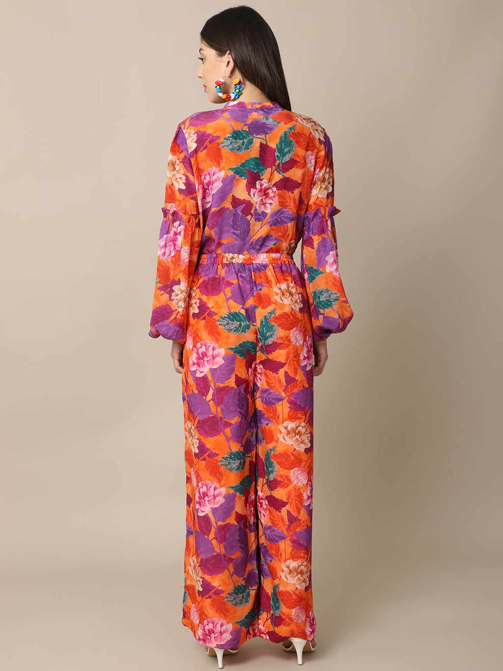 Crepe Orange Co-ord Set at Kamakhyaa by Ewoke. This item is Best Selling, Co-ord Sets, Crepe, Festive 23, Natural with azo free dyes, Orange, Prints, Regular Fit, Resort Wear, Travel Co-ords, Womenswear