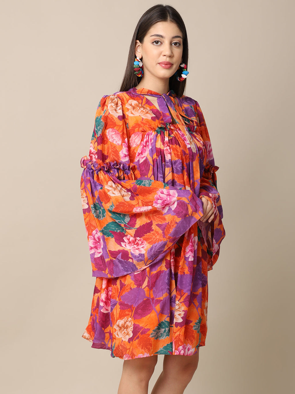 Crepe Orange Printed Flare Dress at Kamakhyaa by Ewoke. This item is Casual Wear, Crepe, Festive 23, For Her, Mini Dresses, Natural with azo free dyes, Orange, Prints, Relaxed Fit, Womenswear