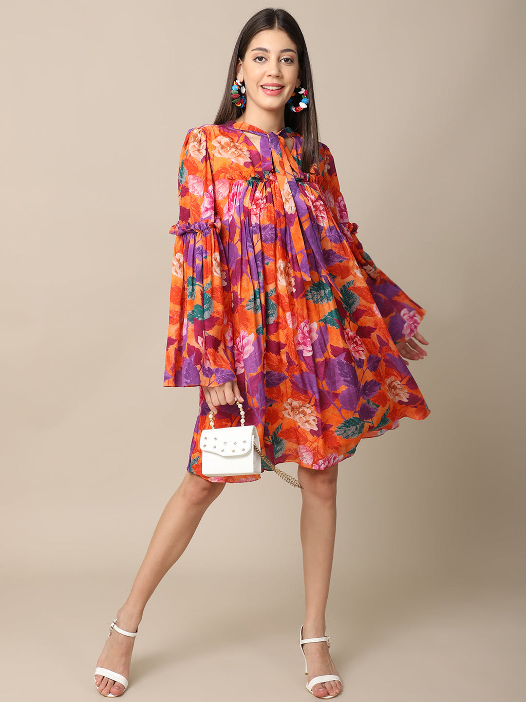 Crepe Orange Printed Flare Dress at Kamakhyaa by Ewoke. This item is Casual Wear, Crepe, Festive 23, For Her, Mini Dresses, Natural with azo free dyes, Orange, Prints, Relaxed Fit, Womenswear