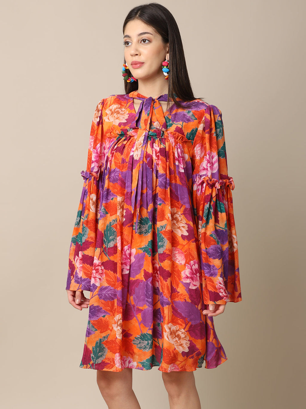 Crepe Orange Printed Flare Dress at Kamakhyaa by Ewoke. This item is Casual Wear, Crepe, Festive 23, For Her, Mini Dresses, Natural with azo free dyes, Orange, Prints, Relaxed Fit, Womenswear