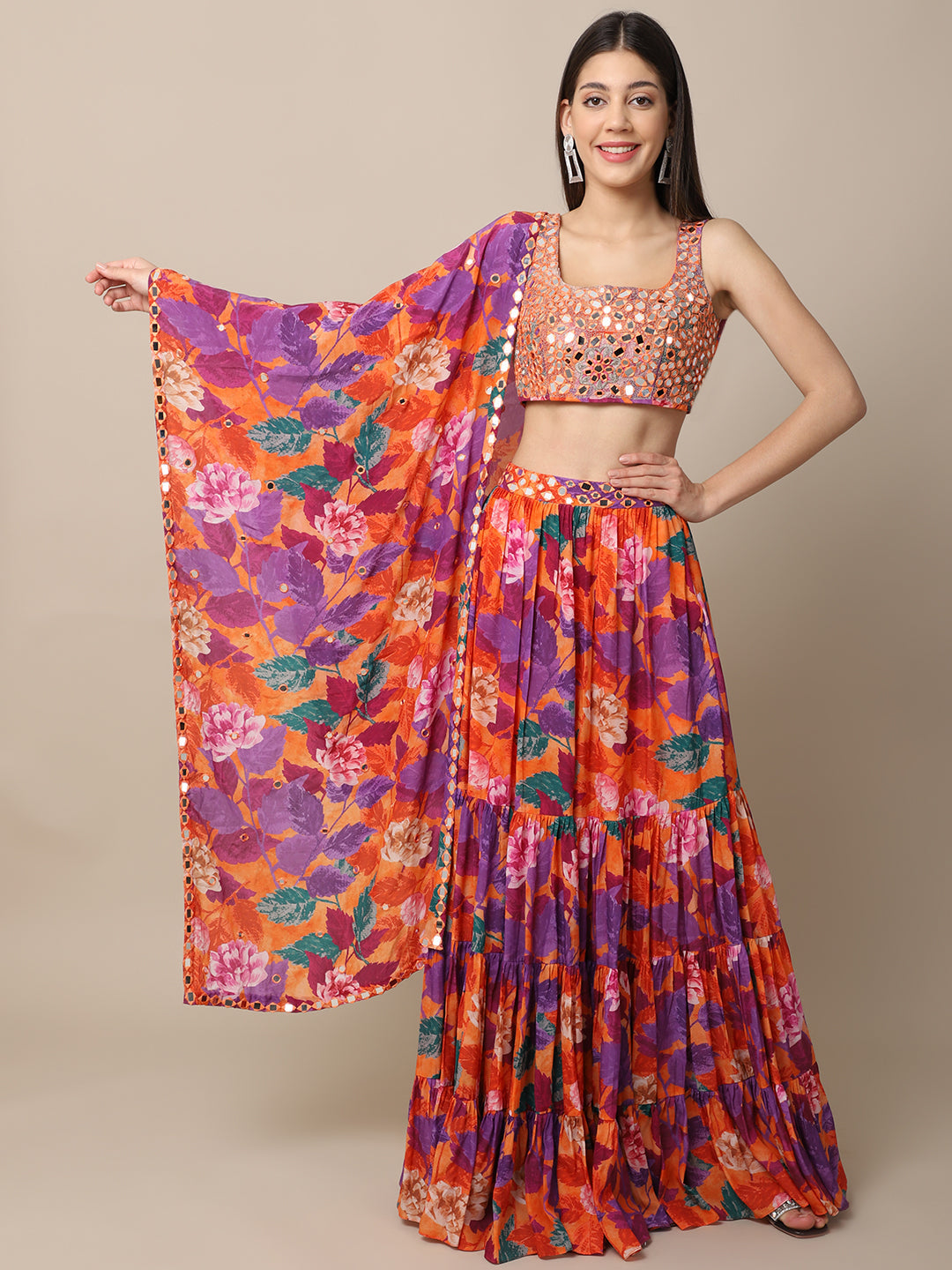 Crepe Orange Printed Lehenga Set at Kamakhyaa by Ewoke. This item is Bemberg, Best Selling, Crepe, Festive 23, Festive Wear, Lehengas Sets, Natural with azo free dyes, Orange, Prints, Regular Fit, Womenswear