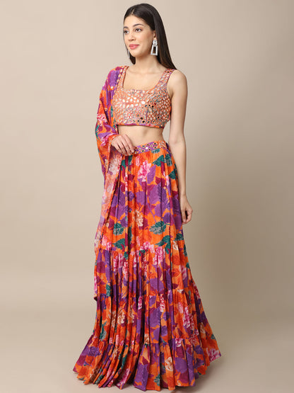 Crepe Orange Printed Lehenga Set at Kamakhyaa by Ewoke. This item is Bemberg, Best Selling, Crepe, Festive 23, Festive Wear, Lehengas Sets, Natural with azo free dyes, Orange, Prints, Regular Fit, Womenswear