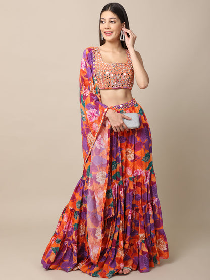 Crepe Orange Printed Lehenga Set at Kamakhyaa by Ewoke. This item is Bemberg, Best Selling, Crepe, Festive 23, Festive Wear, Lehengas Sets, Natural with azo free dyes, Orange, Prints, Regular Fit, Womenswear