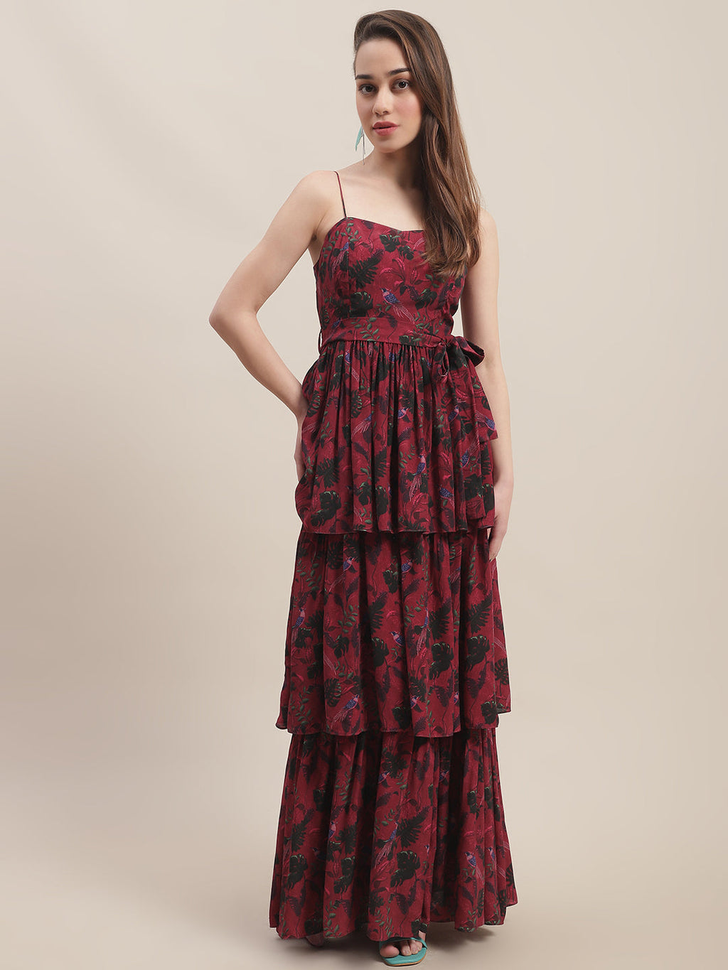 Crepe Red Printed Maxi Dress at Kamakhyaa by Ewoke. This item is Best Selling, Crepe, Festive 23, Maxi Dresses, Natural with azo free dyes, Party Wear, Prints, Red, Sleeveless Dresses, Slim Fit, Womenswear