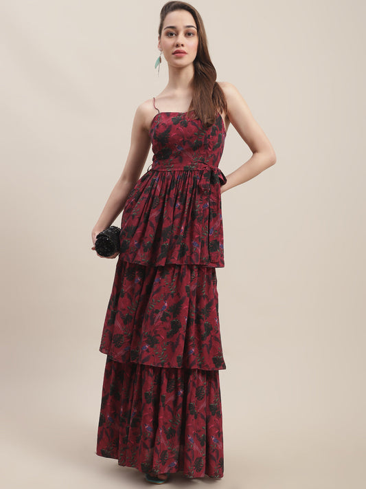 Crepe Red Printed Maxi Dress at Kamakhyaa by Ewoke. This item is Best Selling, Crepe, Festive 23, Maxi Dresses, Natural with azo free dyes, Party Wear, Prints, Red, Sleeveless Dresses, Slim Fit, Womenswear