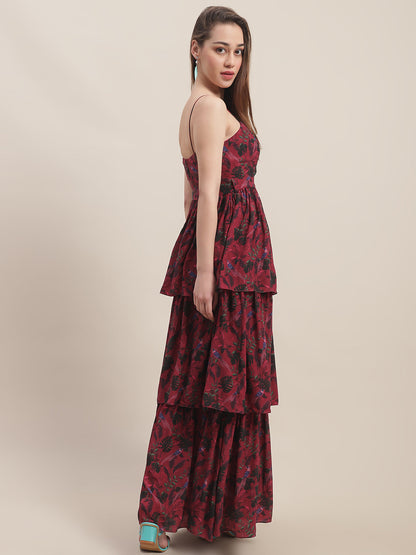Crepe Red Printed Maxi Dress at Kamakhyaa by Ewoke. This item is Best Selling, Crepe, Festive 23, Maxi Dresses, Natural with azo free dyes, Party Wear, Prints, Red, Sleeveless Dresses, Slim Fit, Womenswear
