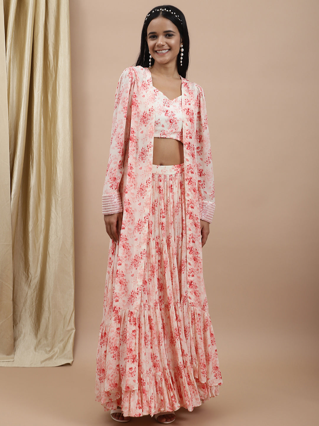 Crepe White Printed Tier Lehenga at Kamakhyaa by Ewoke. This item is Bemberg, Crepe, Festive 23, Festive Wear, Lehengas Sets, Natural with azo free dyes, Prints, Regular Fit, White, Womenswear