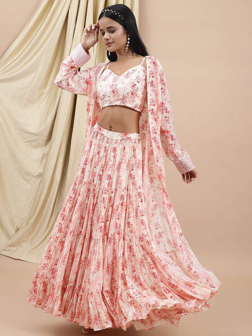 Crepe White Printed Tier Lehenga at Kamakhyaa by Ewoke. This item is Bemberg, Crepe, Festive 23, Festive Wear, Lehengas Sets, Natural with azo free dyes, Prints, Regular Fit, White, Womenswear
