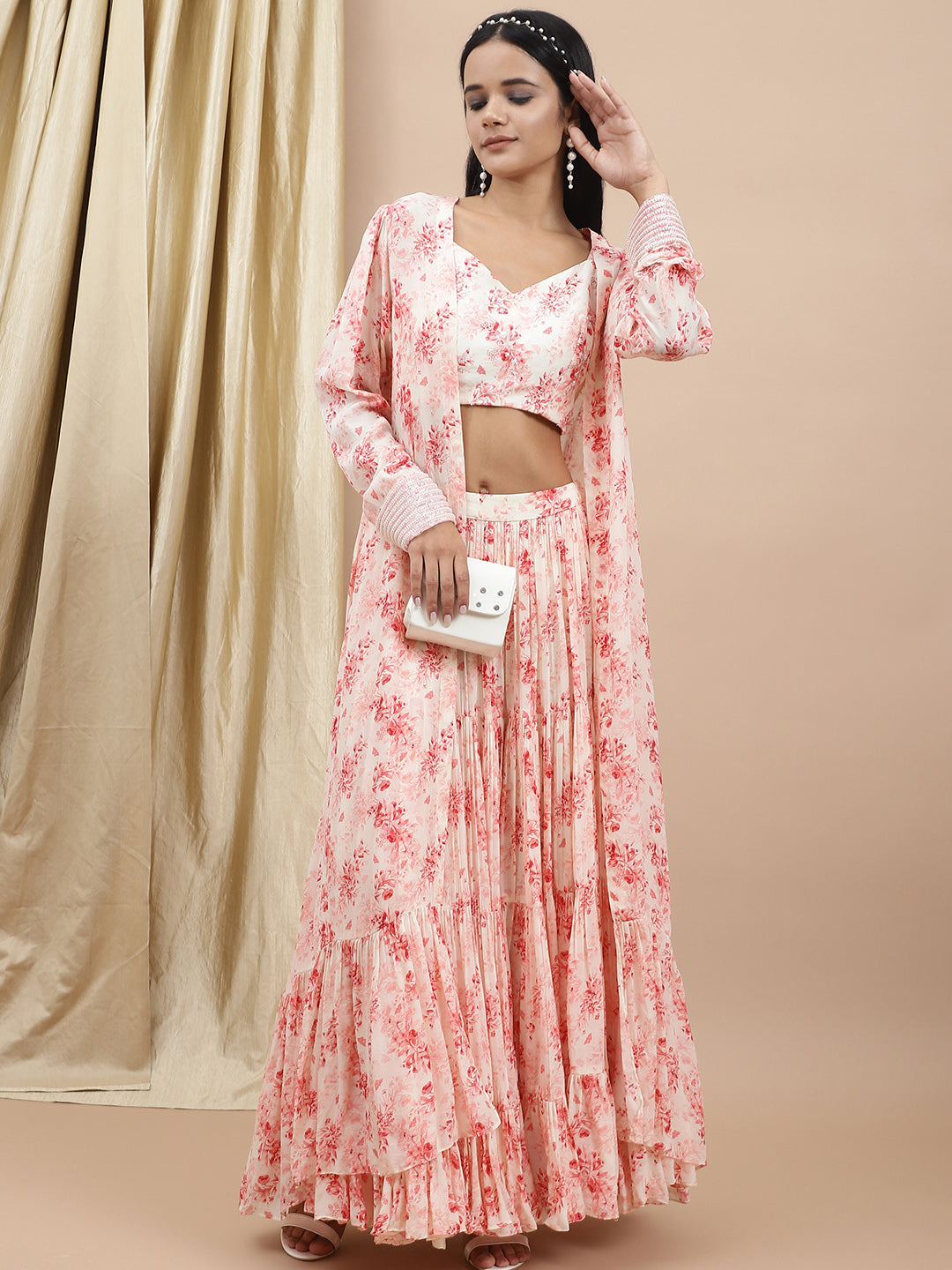 Crepe White Printed Tier Lehenga at Kamakhyaa by Ewoke. This item is Bemberg, Crepe, Festive 23, Festive Wear, Lehengas Sets, Natural with azo free dyes, Prints, Regular Fit, White, Womenswear