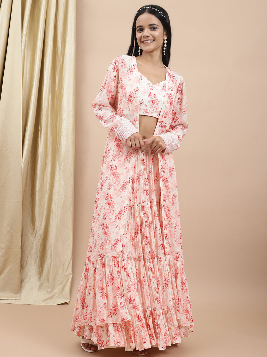 Crepe White Printed Tier Lehenga at Kamakhyaa by Ewoke. This item is Bemberg, Crepe, Festive 23, Festive Wear, Lehengas Sets, Natural with azo free dyes, Prints, Regular Fit, White, Womenswear