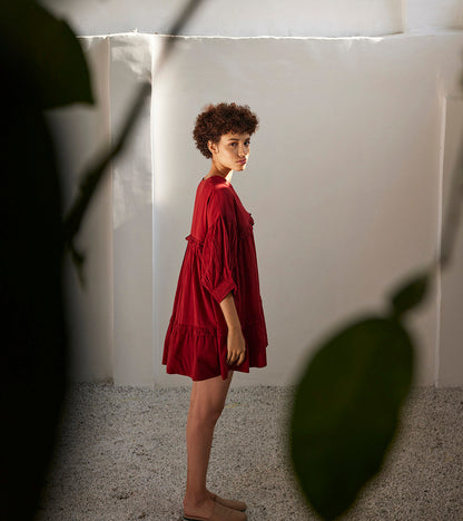 Crimson Love Dress at Kamakhyaa by Khara Kapas. This item is Casual Wear, For Birthday, For Her, Mini Dresses, Mul Cotton, Oh! Sussana Spring 2023, Organic, Red, Relaxed Fit, Solids, Tiered Dresses, Womenswear