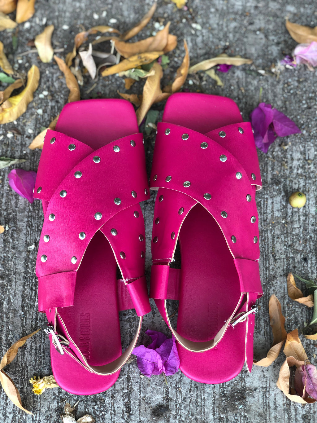 Criss Cross Broad Rivet Sandals in Pink Basics Edit- Chapter II, Faux Leather, Flats, Handcrafted, Pink, Relaxed Fit, Solids, Vegan Kamakhyaa