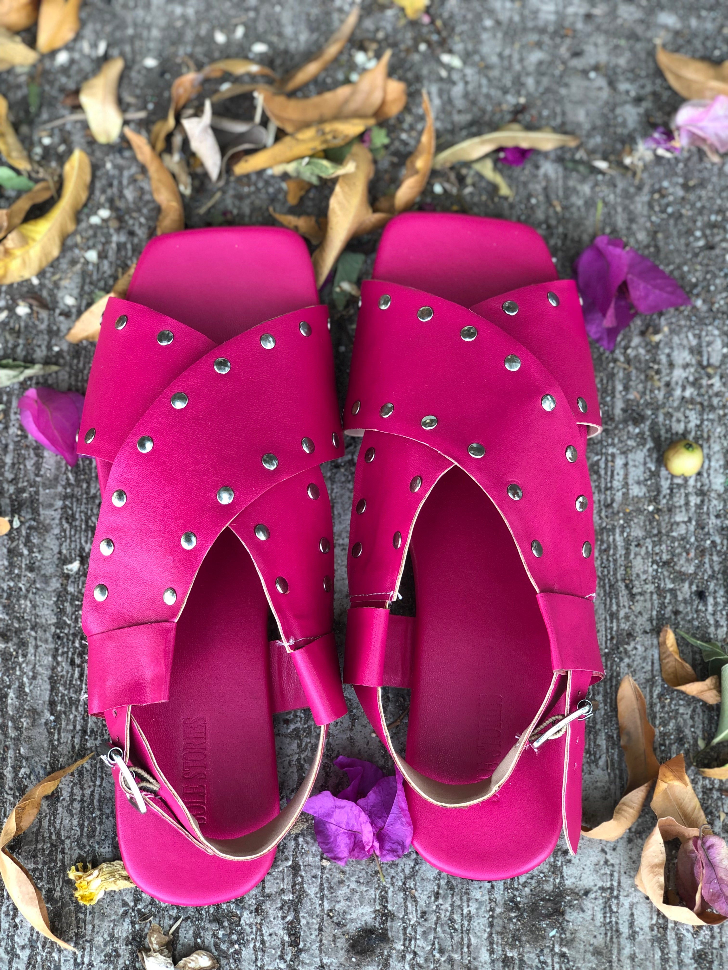 Criss Cross Broad Rivet Sandals in Pink Basics Edit- Chapter II, Faux Leather, Flats, Handcrafted, Pink, Relaxed Fit, Solids, Vegan Kamakhyaa