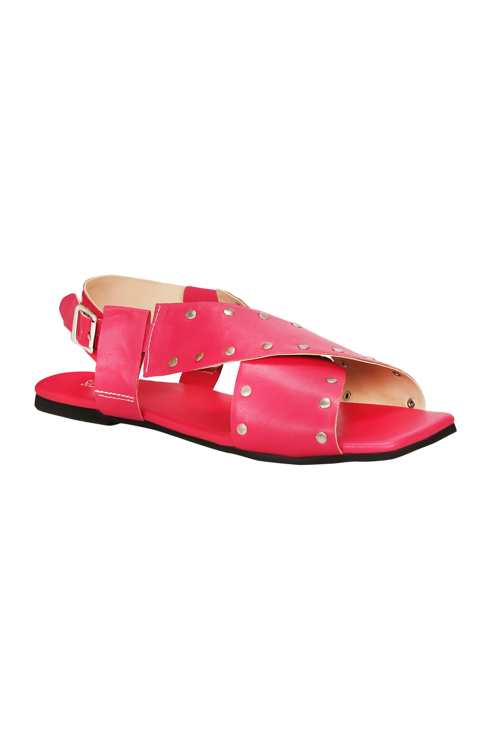 Criss Cross Broad Rivet Sandals in Pink Basics Edit- Chapter II, Faux Leather, Flats, Handcrafted, Pink, Relaxed Fit, Solids, Vegan Kamakhyaa