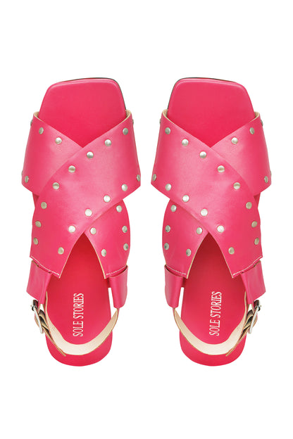 Criss Cross Broad Rivet Sandals in Pink Basics Edit- Chapter II, Faux Leather, Flats, Handcrafted, Pink, Relaxed Fit, Solids, Vegan Kamakhyaa