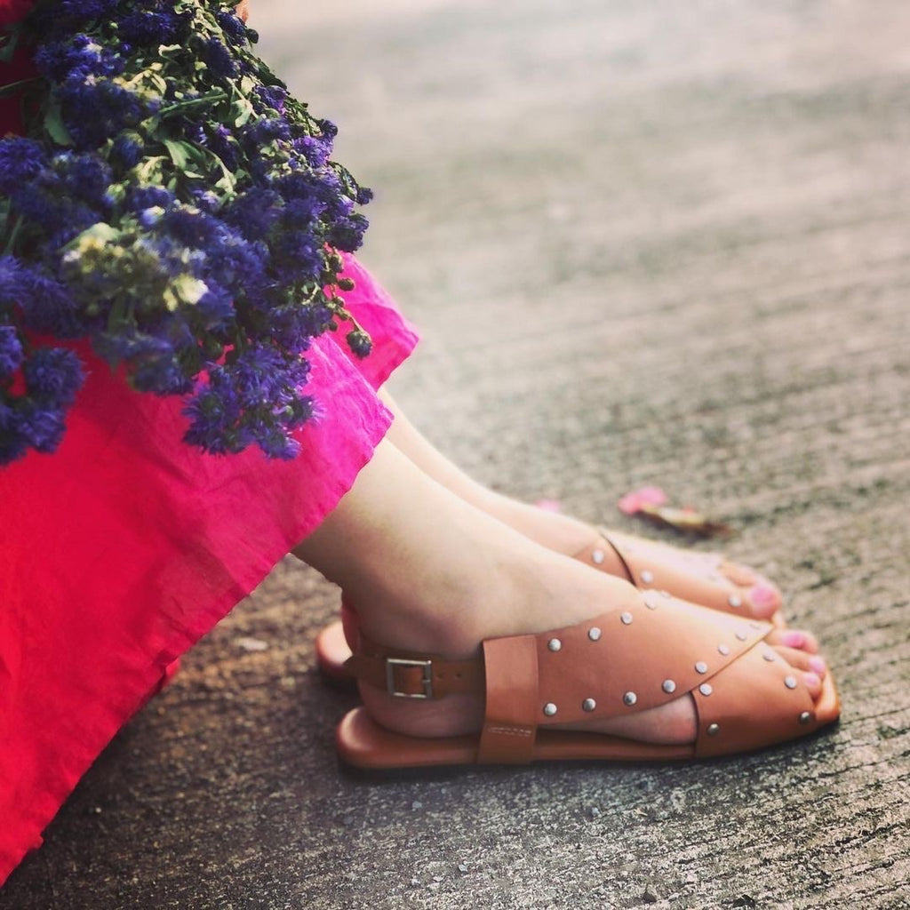 Criss Cross Broad Rivet Sandals in Tan Basics Edit- Chapter II, Beige, Faux Leather, Flats, Handcrafted, Relaxed Fit, Solids, Vegan Kamakhyaa