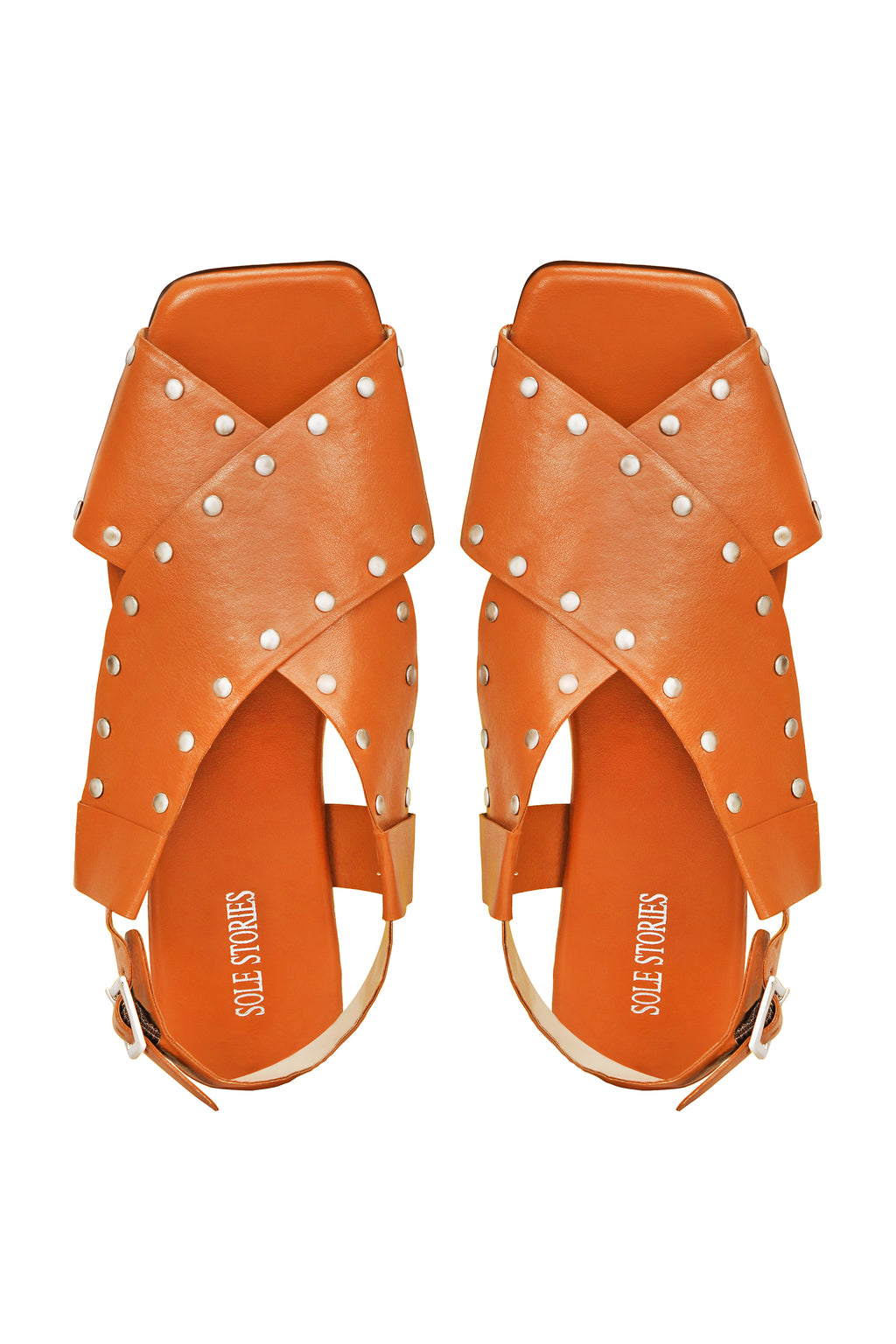 Criss Cross Broad Rivet Sandals in Tan Basics Edit- Chapter II, Beige, Faux Leather, Flats, Handcrafted, Relaxed Fit, Solids, Vegan Kamakhyaa