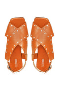 Criss Cross Broad Rivet Sandals in Tan Basics Edit- Chapter II, Beige, Faux Leather, Flats, Handcrafted, Relaxed Fit, Solids, Vegan Kamakhyaa