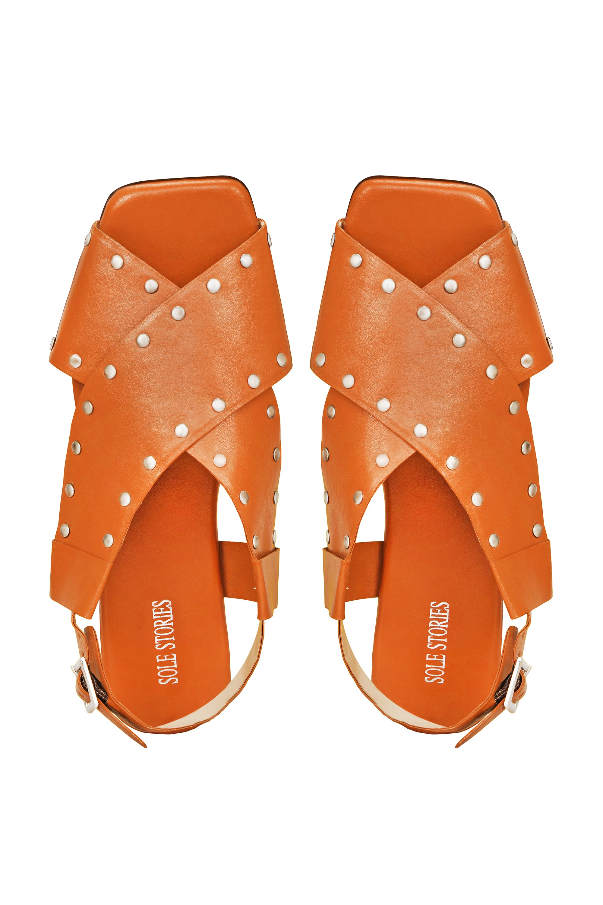 Criss Cross Broad Rivet Sandals in Tan Basics Edit- Chapter II, Beige, Faux Leather, Flats, Handcrafted, Relaxed Fit, Solids, Vegan Kamakhyaa