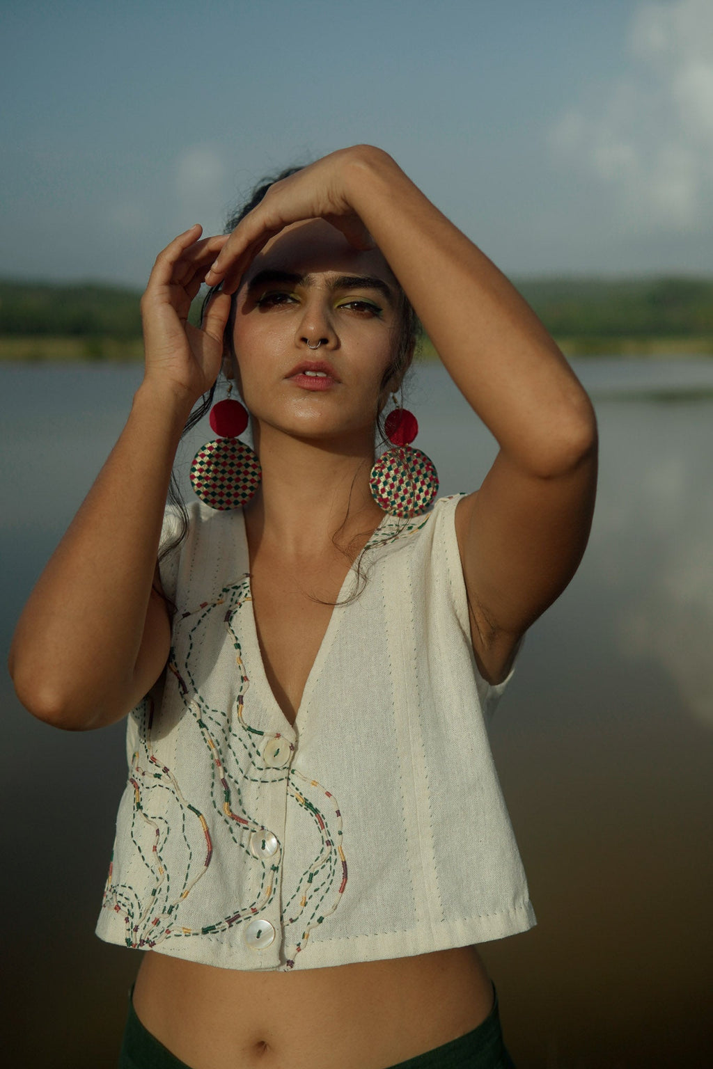 Cropped Blouse at Kamakhyaa by Lafaani. This item is 100% pure cotton, Casual Wear, Crop Tops, Embroidered, Kora, Organic Solid, Regular Fit, Rewind, Solids, Undyed and Unbleached, Womenswear