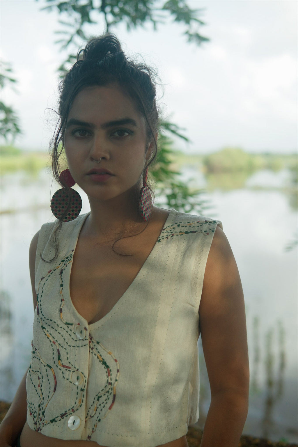 Cropped Blouse at Kamakhyaa by Lafaani. This item is 100% pure cotton, Casual Wear, Crop Tops, Embroidered, Kora, Organic Solid, Regular Fit, Rewind, Solids, Undyed and Unbleached, Womenswear