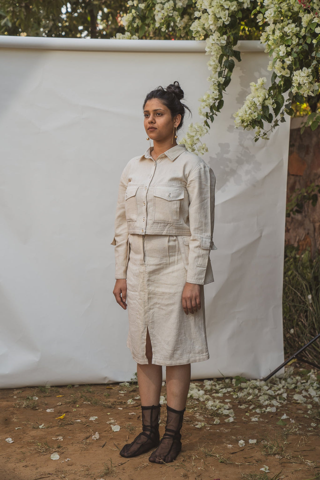 Cropped Jacket & Front Slit Skirt Set at Kamakhyaa by Lafaani. This item is 100% pure cotton, Casual Wear, Dress Sets, Kora, Organic, Regular Fit, Solids, Sonder, Undyed and unbleached, Womenswear