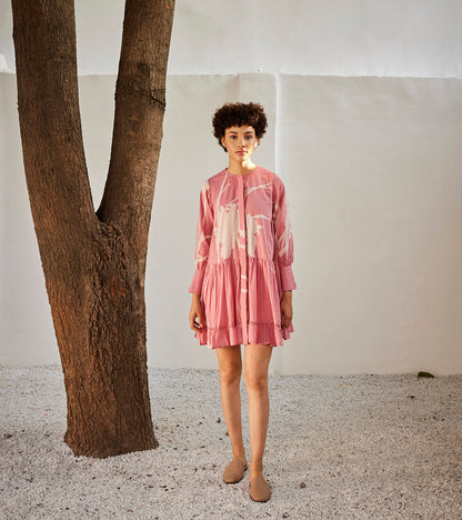 Daffodil Dress at Kamakhyaa by Khara Kapas. This item is Best Selling, Casual Wear, For Birthday, Mini Dresses, Mul Cotton, Oh! Sussana Spring 2023, Organic, Pink, Prints, Relaxed Fit, Shirt Dresses, Tiered Dresses, Womenswear
