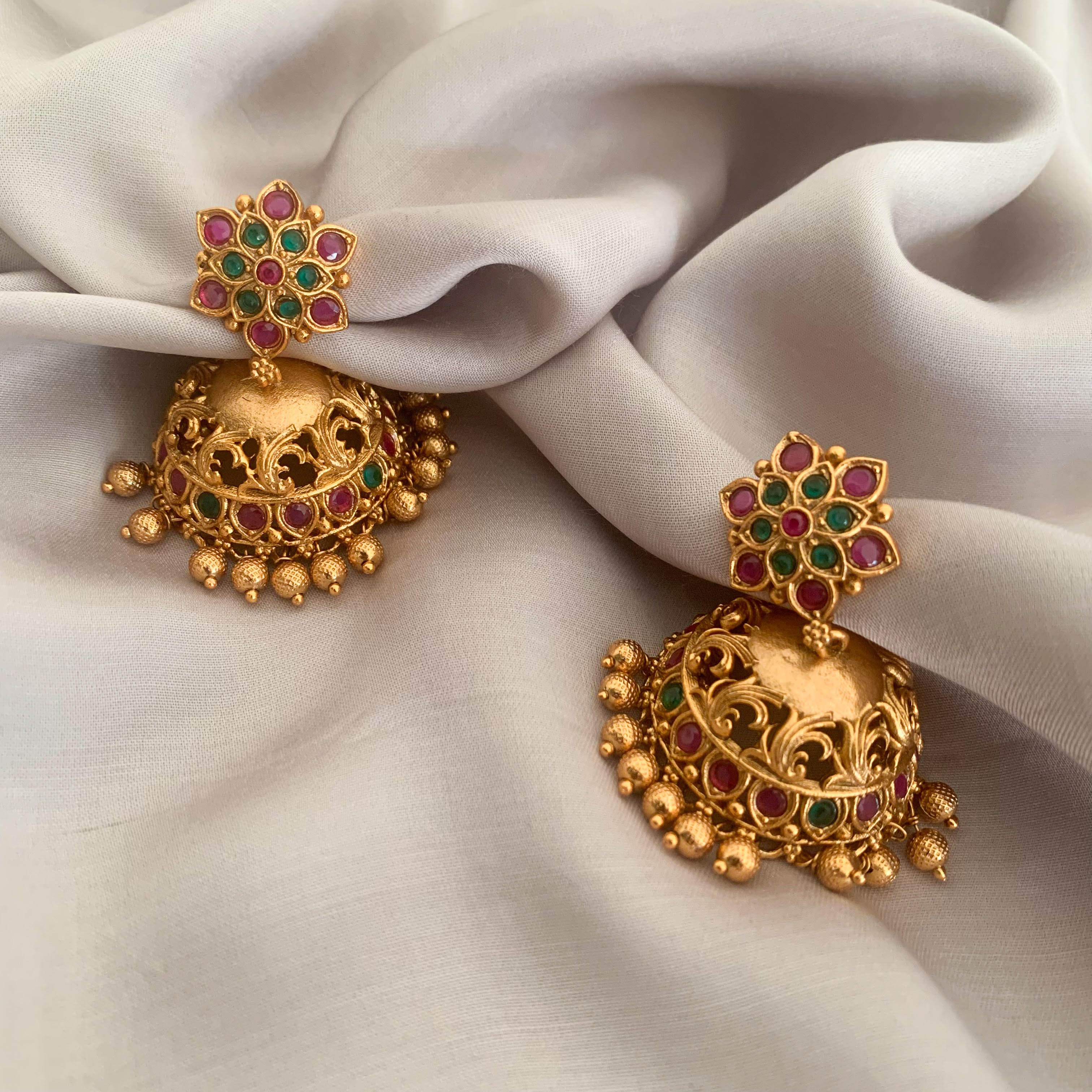 Dahlia Antique Jhumka Earrings Brass, Earrings, Festive Wear, Free Size, Gold, Gold Plated, Re-polishable, Solids Kamakhyaa