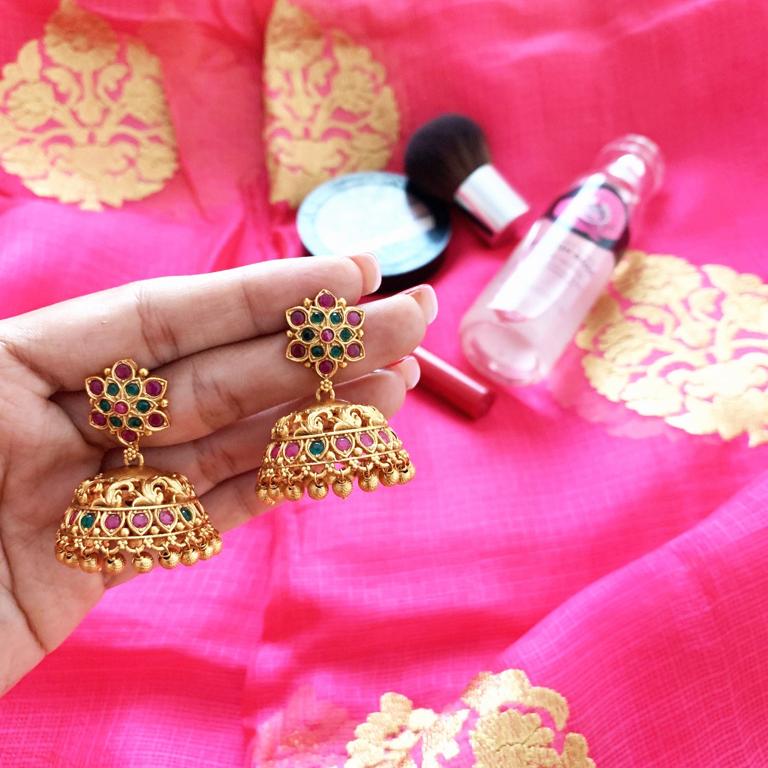 Dahlia Antique Jhumka Earrings Brass, Earrings, Festive Wear, Free Size, Gold, Gold Plated, Re-polishable, Solids Kamakhyaa