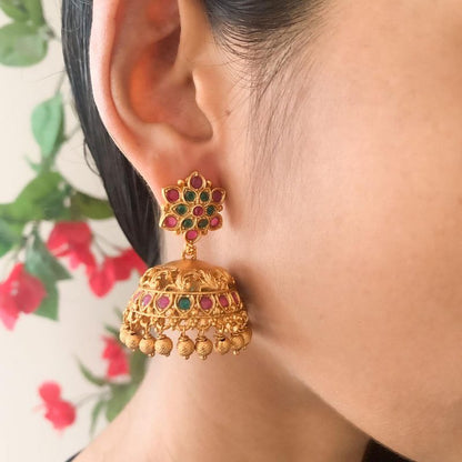 Dahlia Antique Jhumka Earrings Brass, Earrings, Festive Wear, Free Size, Gold, Gold Plated, Re-polishable, Solids Kamakhyaa
