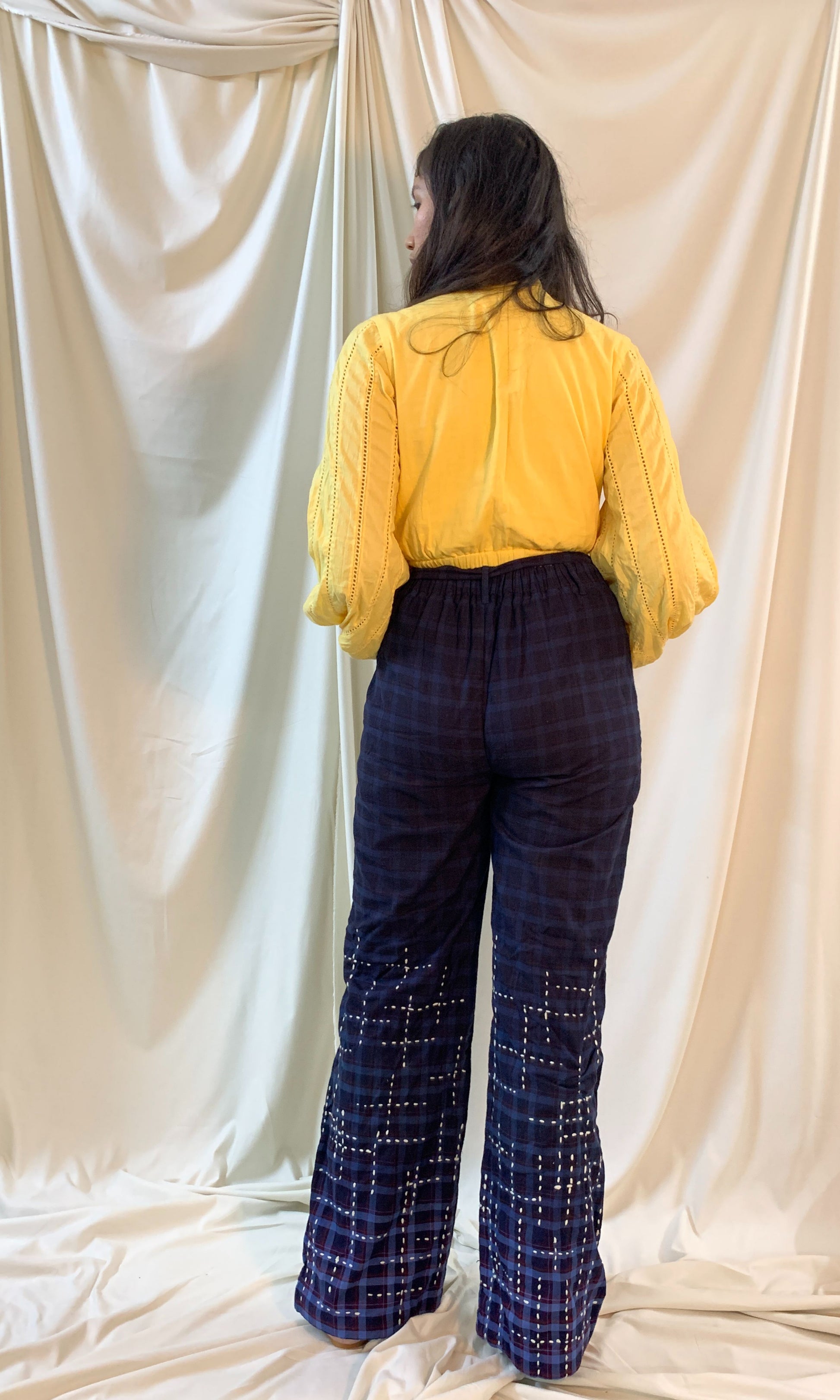 Dark Blue Embroidered Pants at Kamakhyaa by Chambray & Co.. This item is Blue, Casual Wear, Checks, Cotton, Embroidered, Natural, Pants, Regular Fit, Womenswear