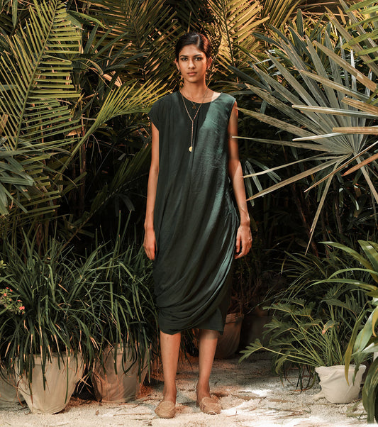Dark Green Midi Dress at Kamakhyaa by Khara Kapas. This item is Green, Lost In paradise, Midi Dresses, Mul Cotton, Natural, Regular Fit, Resort Wear, Solids, Womenswear
