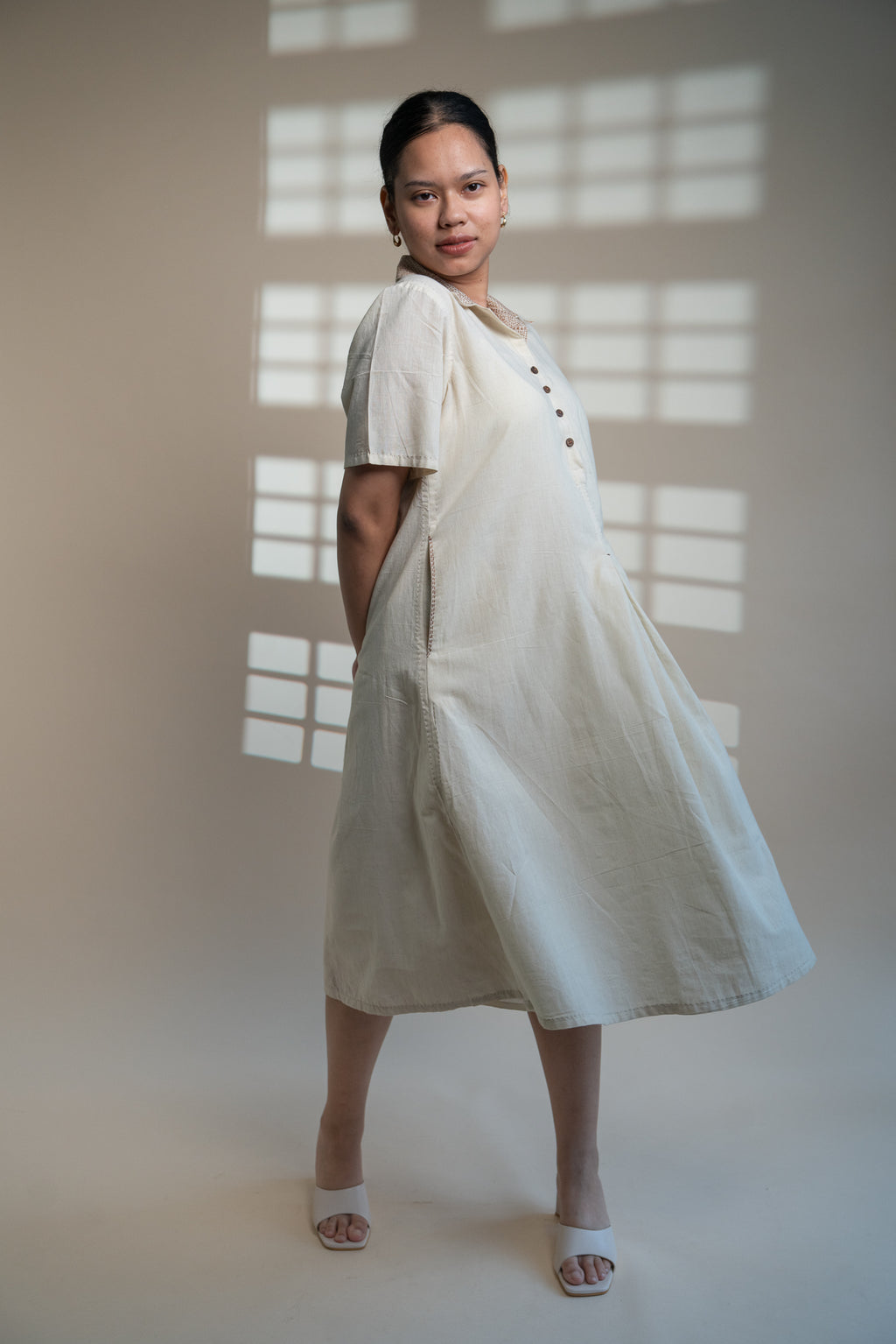 Dawning A Line Dress at Kamakhyaa by Lafaani. This item is Beige, Casual Wear, Denim, Kora, Midi Dresses, Natural, Regular Fit, Shirt Dresses, Solids, Womenswear