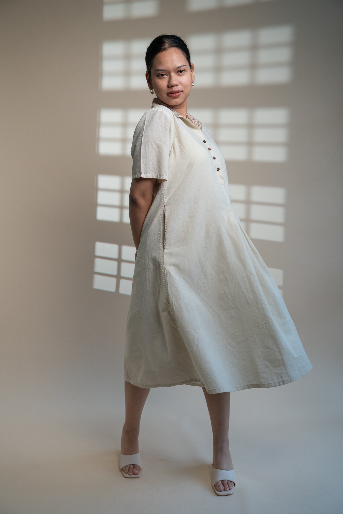 Dawning A Line Dress at Kamakhyaa by Lafaani. This item is Beige, Casual Wear, Denim, Kora, Midi Dresses, Natural, Regular Fit, Shirt Dresses, Solids, Womenswear