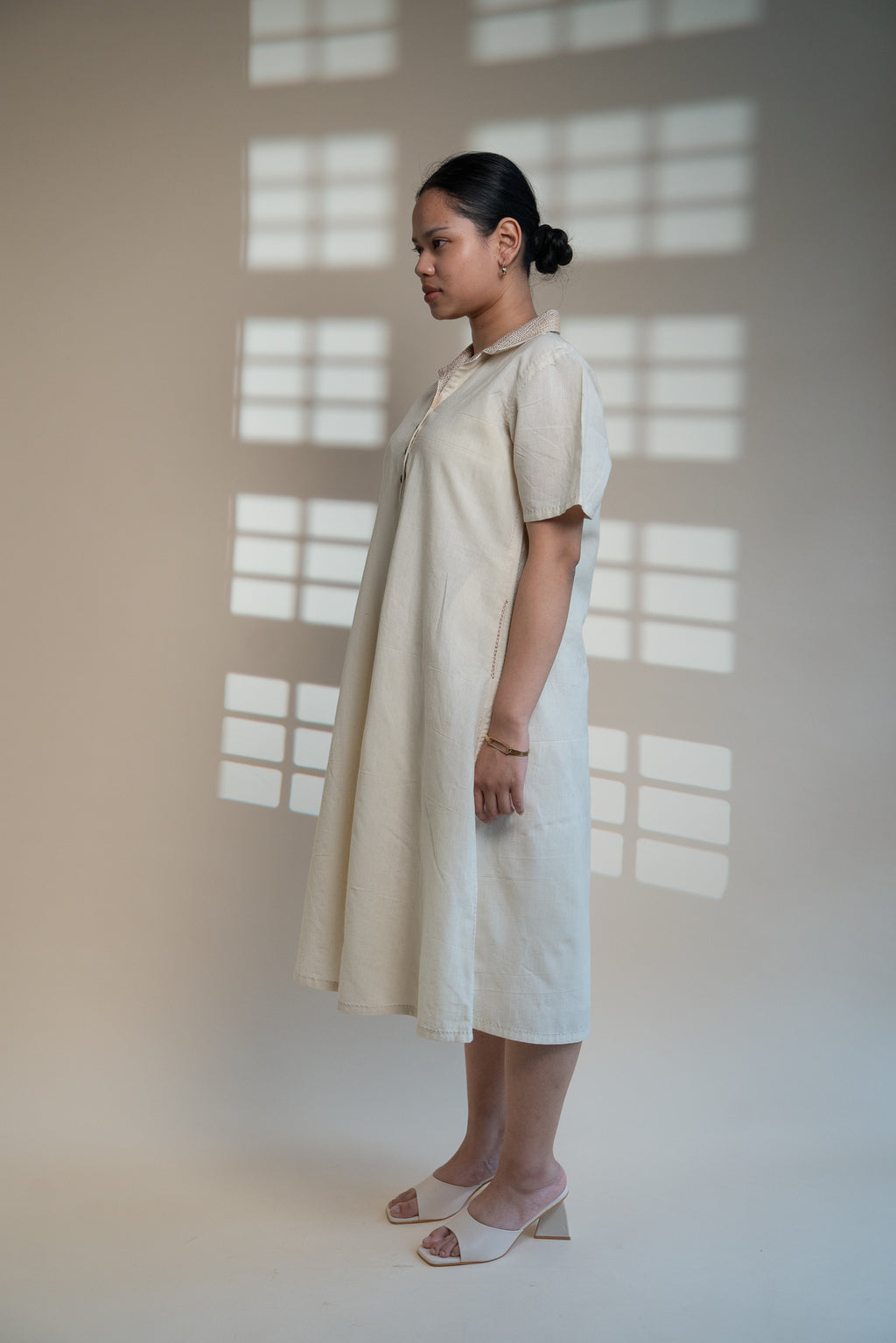 Dawning A Line Dress at Kamakhyaa by Lafaani. This item is Beige, Casual Wear, Denim, Kora, Midi Dresses, Natural, Regular Fit, Shirt Dresses, Solids, Womenswear