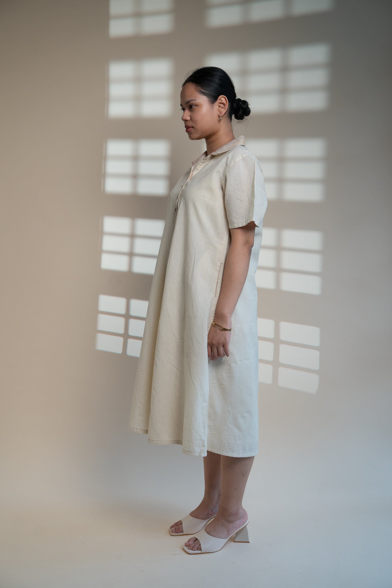 Dawning A Line Dress at Kamakhyaa by Lafaani. This item is Beige, Casual Wear, Denim, Kora, Midi Dresses, Natural, Regular Fit, Shirt Dresses, Solids, Womenswear