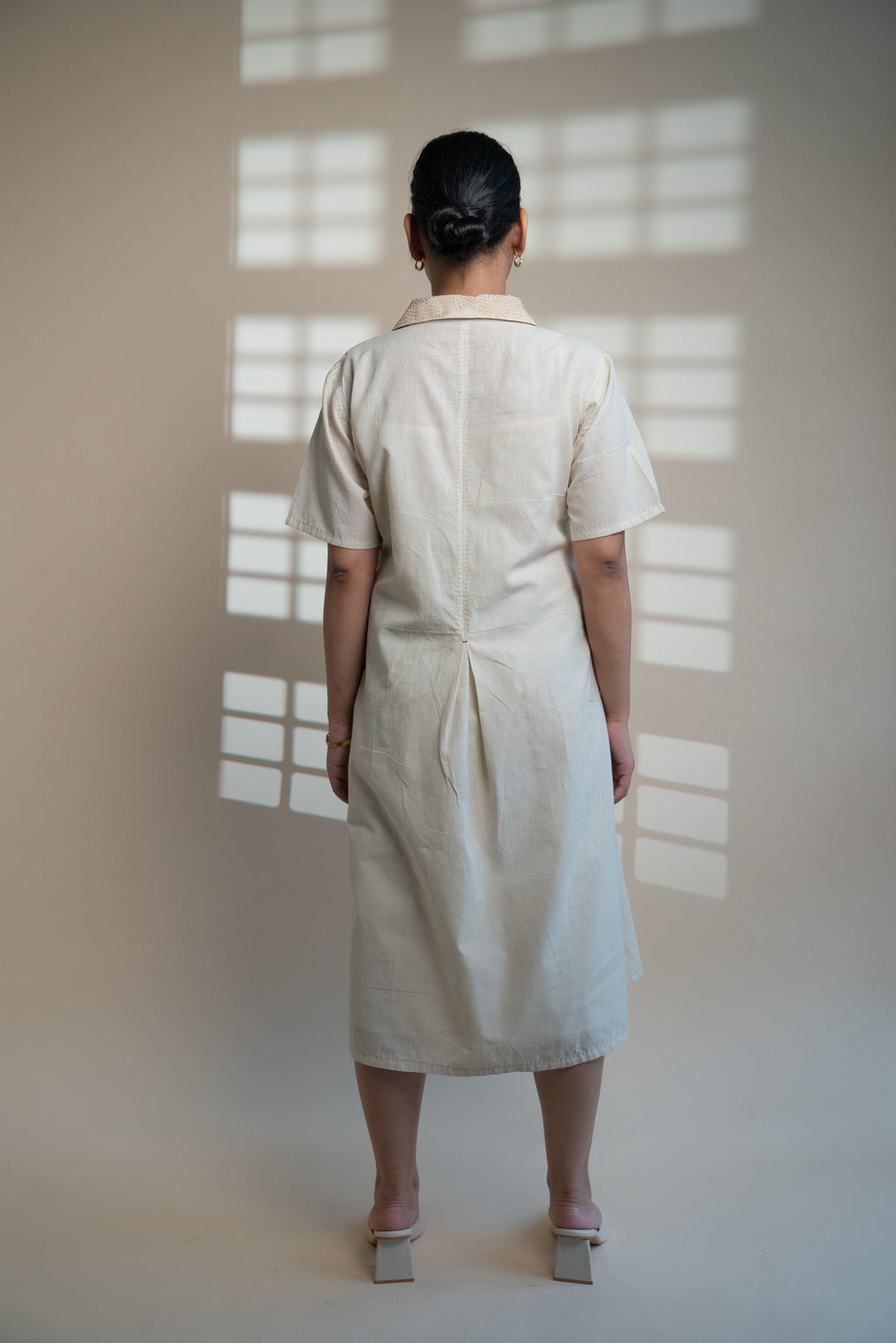 Dawning A Line Dress at Kamakhyaa by Lafaani. This item is Beige, Casual Wear, Denim, Kora, Midi Dresses, Natural, Regular Fit, Shirt Dresses, Solids, Womenswear