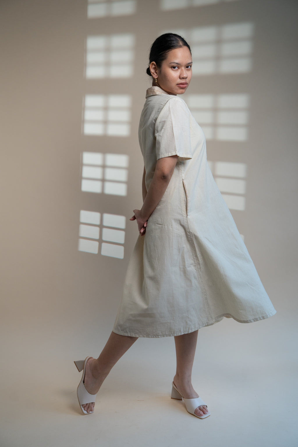 Dawning A Line Dress at Kamakhyaa by Lafaani. This item is Beige, Casual Wear, Denim, Kora, Midi Dresses, Natural, Regular Fit, Shirt Dresses, Solids, Womenswear