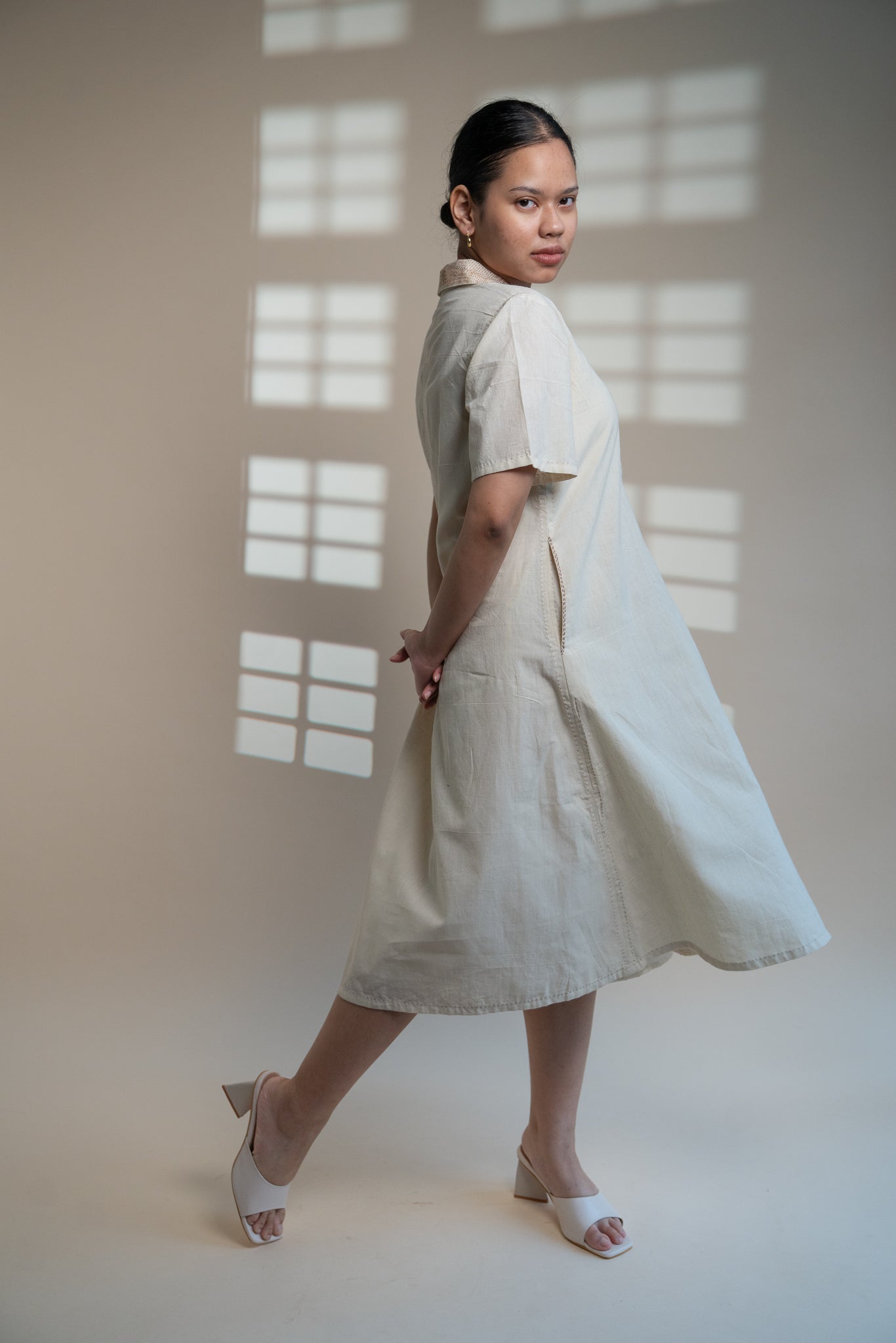 Dawning A Line Dress at Kamakhyaa by Lafaani. This item is Beige, Casual Wear, Denim, Kora, Midi Dresses, Natural, Regular Fit, Shirt Dresses, Solids, Womenswear